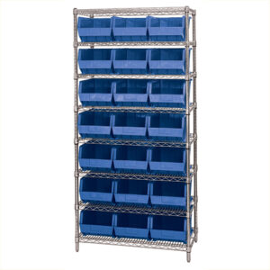36 x 18 x 74" - 8 Shelf Wire Shelving Unit with (21) Blue Bins