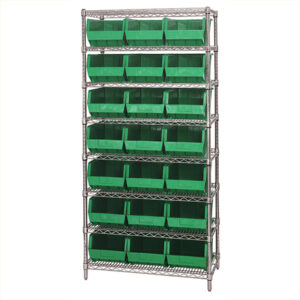 36 x 18 x 74" - 8 Shelf Wire Shelving Unit with (21) Green Bins