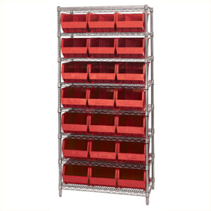 36 x 18 x 74" - 8 Shelf Wire Shelving Unit with (21) Red Bins