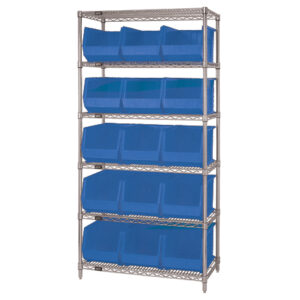 36 x 18 x 74" - 6 Shelf Wire Shelving Unit with (15) Blue Bins