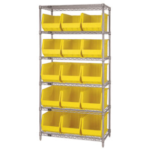 36 x 18 x 74" - 6 Shelf Wire Shelving Unit with (15) Yellow Bins