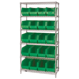 36 x 18 x 74" - 6 Shelf Wire Shelving Unit with (20) Green Bins