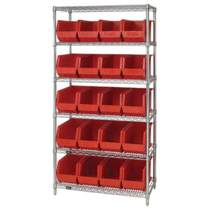 36 x 18 x 74" - 6 Shelf Wire Shelving Unit with (20) Red Bins