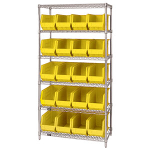 36 x 18 x 74" - 6 Shelf Wire Shelving Unit with (20) Yellow Bins