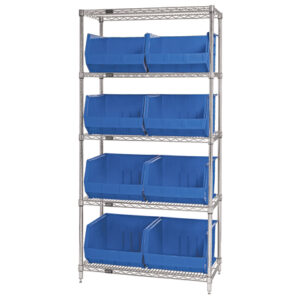 36 x 18 x 74" - 5 Shelf Wire Shelving Unit with (8) Blue Bins