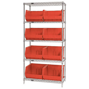 36 x 18 x 74" - 5 Shelf Wire Shelving Unit with (8) Red Bins