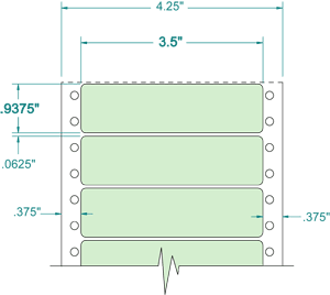 112500 - Green Pinfeed Label, 3 1/2 x 15/16, 1 across, repeat size 1, carrier size 4 1/4, qty 5,000