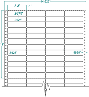 140354 - White Pinfeed Label, 3.3 x 15/16, 4 across, repeat size 1, carrier size 14 - 5/8, qty 20,000