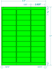 311005 - Fluorescent Green Permanent Label, inkjet/laser/copier, 2 5/8 x 1, 3 across, 30 on a sheet,  100 sheets, qty 3,000