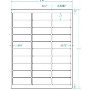 310724 - White Permanent Label, inkjet/laser/copier, 2 5/8 x 1, 3 across, 30 on a sheet,  100 sheets, qty 3,000