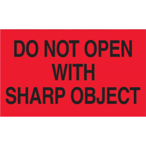 3 x 5" - "Do Not Open with Sharp Object" (Fluorescent Red) Labels
